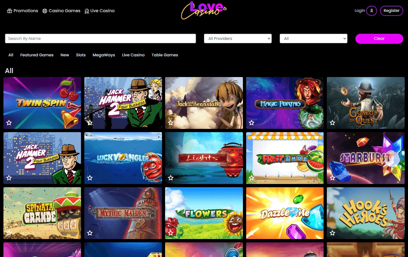 Love Casino desktop game lobby with casino categories and game choices