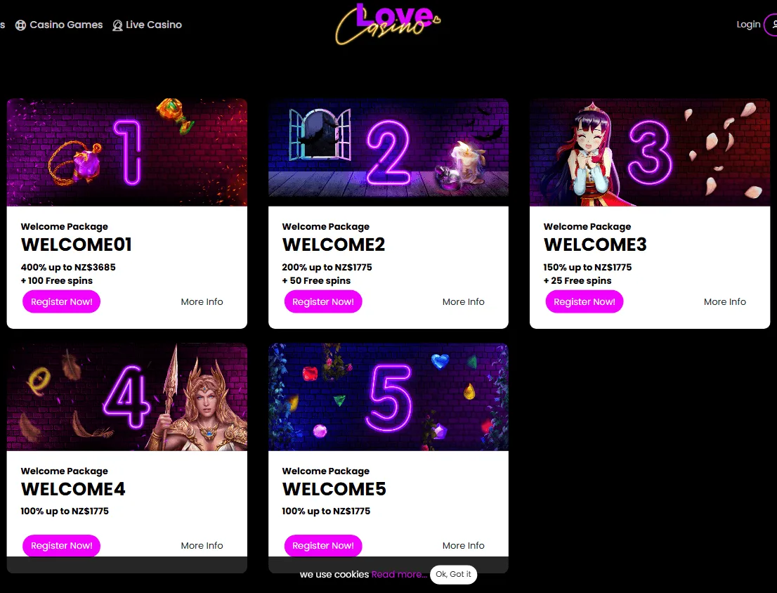 Love Casino desktop promotions area with welcome package offers