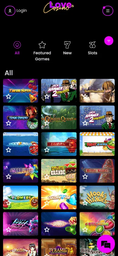 Love Casino mobile browser game selection with casino categories