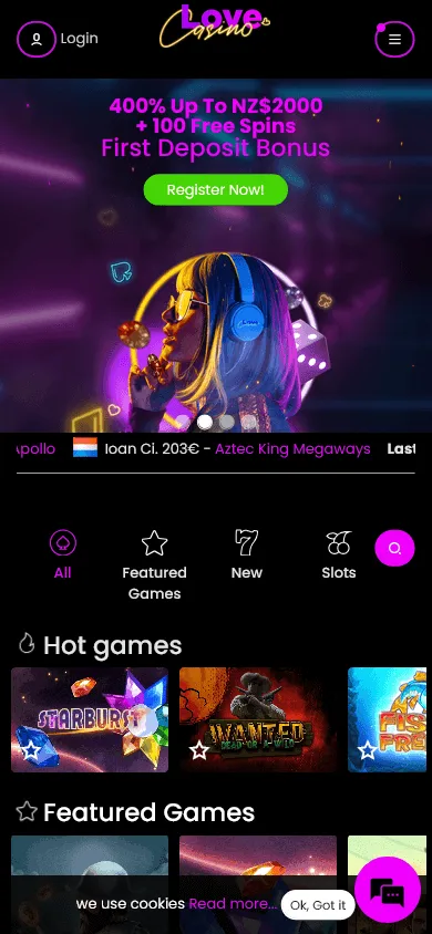 Love Casino mobile browser home experience on an iOS or Android device